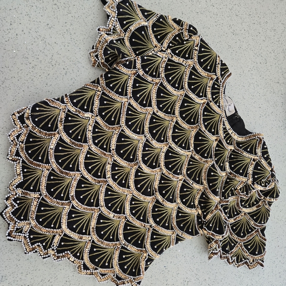 Laurence Kazar Tops - Laurence Kazar Black Top with Gold and White Beading